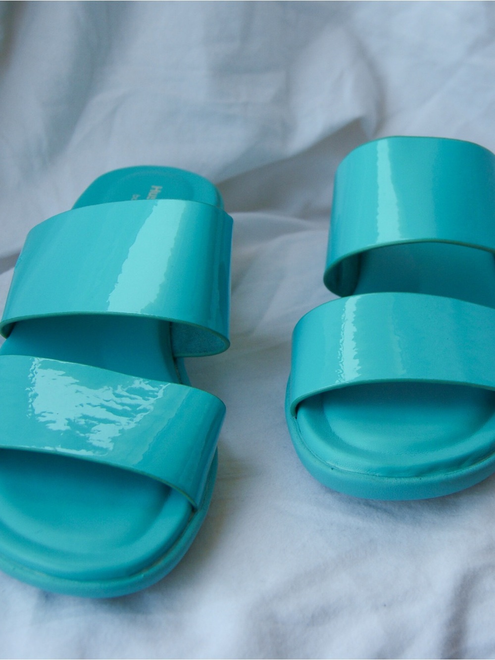 Hush Puppy Turquoise Patent Double-Strap Slide Sandals